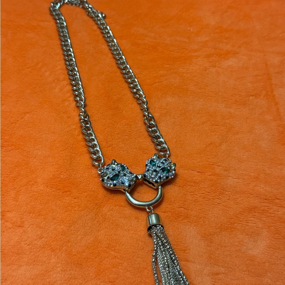 Crystal Pave Double Panther Head Gold Tone Necklace With Tassle